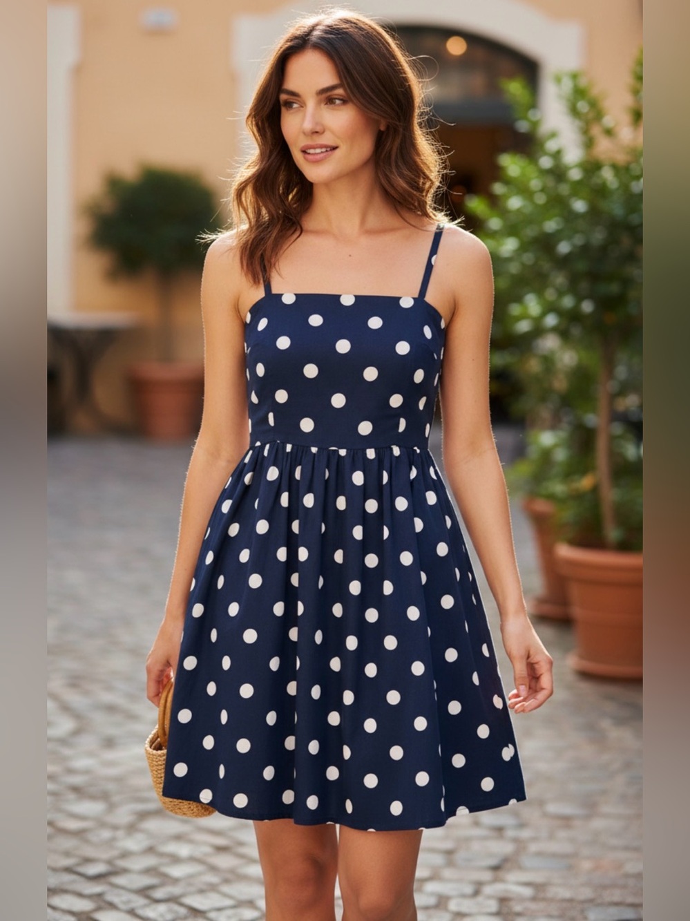 Eliza J Navy White Polka Dot Spaghetti-Strap Dress 10 Flared Skirt Party Wedding